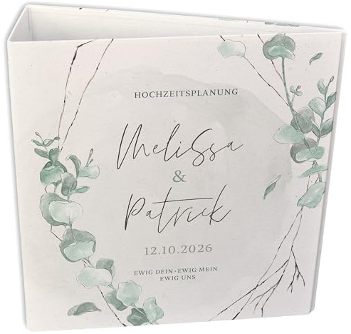 Hochzeitsordner A4, Ordner A4 Hochzeit personalisiert, Mappe mit Namen und Datum, Hochzeitsplaner Mappe, Motivordner Eukalyptus, Binder, Sammelordner, Aktenordner A4 bunt, Feenstaub