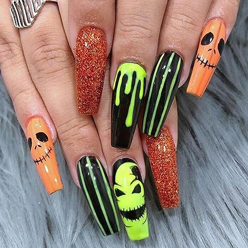 Ceboic 24Pcs Halloween False Nails Long, French Coffin Press on Nails Funny Scarecrow Pattern, Artificial Acrylic Full Cover Fake Nail with Adhesive Tabs, Stick on Nails for Women and Girls