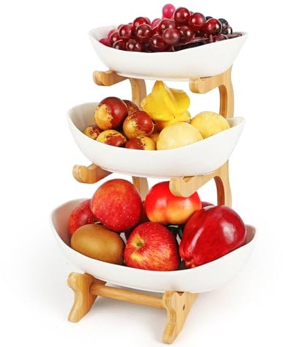 Diealles Shine Fruteros de Cocina Modernos Cerámica, 3 Pisos Cesta Frutas y Verduras Estable y sin Sacudidas, Cocina Frutero con Pararse Bambú para Sala de Estar, Cocina