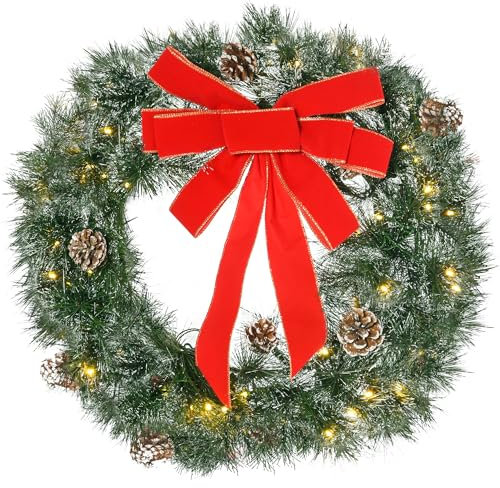 HOMCOM Couronne de Noël 60 cm, 50 LED pour Porte d'entrée, guilande de Noël, Sapin de Noël, 8 Pommes de pin et 1 nœud Papillon, décoration de fête, Vert