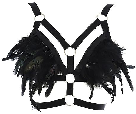 Damen Federn Body Harness BH Gothic Punk Rave Party Bralette Halloween Kostüme für Frauen Sexy Cosplay, Schwarz, EinheitsgröÃŸe