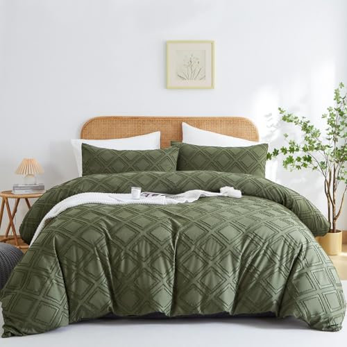 Tospass Getuftet Boho Bettwäsche 135x200 4 Teilig mit Stickerei Chic Grün Geometrische Bettwäsche Set Gewaschene Mikrofaser Wendebettwäsche 1 Deckenbezug mit Reißverschluss 1 Kissenbezug 80x80