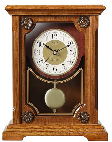 PRIM Design Tischuhr Retro Lotus, Helles Holz, luxuriöse Tischdekoration mit verziertem Zifferblatt, Quarz-Schrittmotor, Größe: 243x308x115 mm, Luxus Deko für Wohnzimmer, Schlafzimmer, Büro