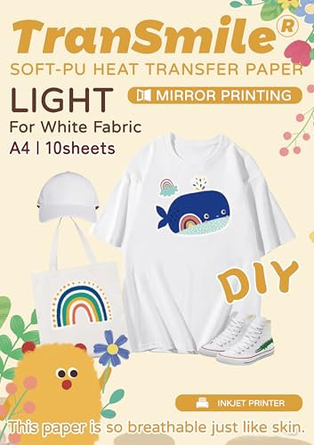 TRANSMILE PU-Heat Transfer Paper for T Shirts A4 10 Sheets Printable Heat Transfer Vinyl for White Fabric Iron on Transfers for Inkjet Printer Light Textiles(TS-H-L1.0-10)