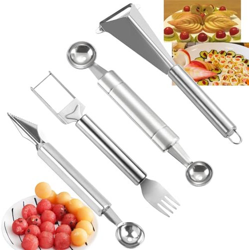 Regerly Couteau à découper les fruits en acier inoxydable, 4 Pièces d'Outils De Sculpture De Fruits coupe fruit zesteur Coupeur Pasteque Machine à Creuser Les Fruits pour Sculpture Créative de Fruits