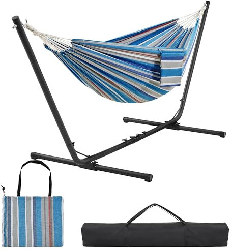 Yaheetech Hamac Double sur Pied Hamac avec Support en Métal Réglable en Longueur Sac de Transport Charge Maximale 205 kg pour Extérieur Intérieur Jardin Terrasse Rayures Bleu-Rouge