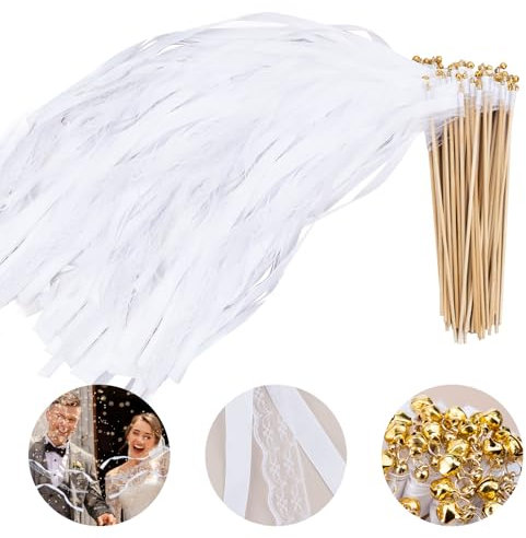 50 Stück Wedding Wands mit Glocke, Romantic Zauberstäbe Bänder Hochzeit, Zauberstäbe Hochzeit Luftschlangen für Hochzeiten, Geburtstage, Weihnachten, Partys und andere Feiertagsfeiern verwendet