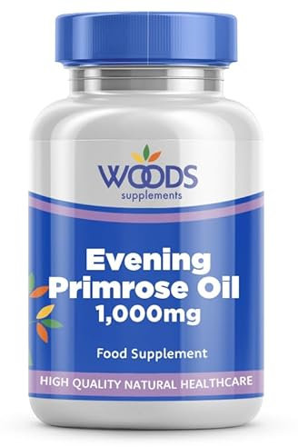 Woods Supplements - Evening Primrose Oil 1000mg 360x Capsules. Pure Cold Pressed High Strength 90mg GLA Omega 6 Fatty Acid for Healthy Skin, Nerve Function and Hormonal Balance Support