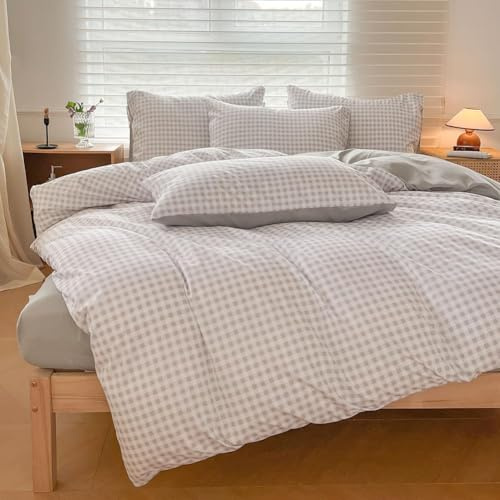 Bettwäsche Set, Grau Kariert, 200x220 cm | Geometrisch, Bettbezug 200x220 cm, 2 Kissenbezüge 80x80 cm, Bauernkaro Design