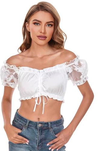 Chemise Femme Dentelle Élégante Blanche Courte Maille Transparente Femmes Chemisier Sexy Chic Blouse (FR/ES, Numérique, 40, Taille Normale, Taille Normale, Blanc)