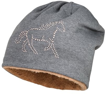 maximo MINI-Girl Beanie für Mädchen, Herbst-und Wintermütze mit Pferde Deko, Jersey Graumeliert mit Teddy Futter, Made in Germany, Gr. 55