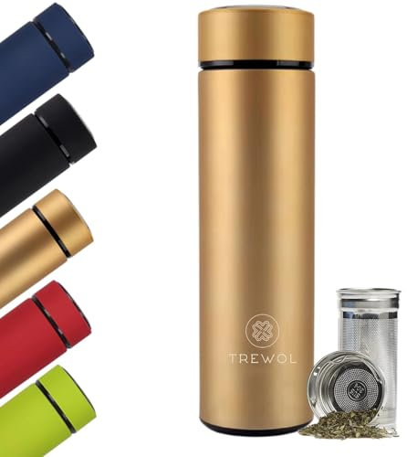 TREWOL Bouteille isotherme avec filtre infuseur en acier inoxydable à double paroi isolante sans BPA Doré 500 ml