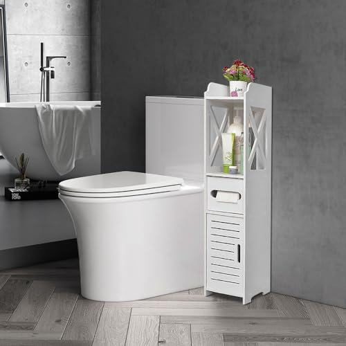 HUOLE Petit Meuble de Rangement pour Toilettes, Support Papier Toilette Armoire Toilettes Porte Brosse WC Meuble de Salle de Bain sur Pied en Bois, Armoire de Salle de Bain (15 * 15 * 80 cm ✩Blanc)