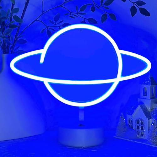 HOHOSIGN Planet Neon Sign Planet Lamp Decor, USB/Battery Powered Stand Blue LED Sign for Kids Room Teens Bedroom Classroom Nursery Birthday Party Christmas Gaming Desk Table Decorations