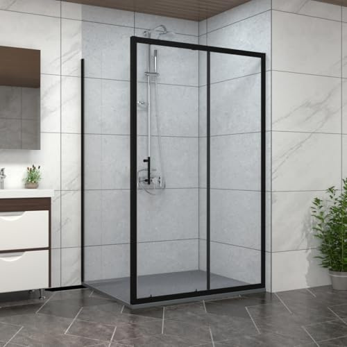 NRG 1500x700mm Sliding Shower Enclosure Black Framed + Side Panel + Tray