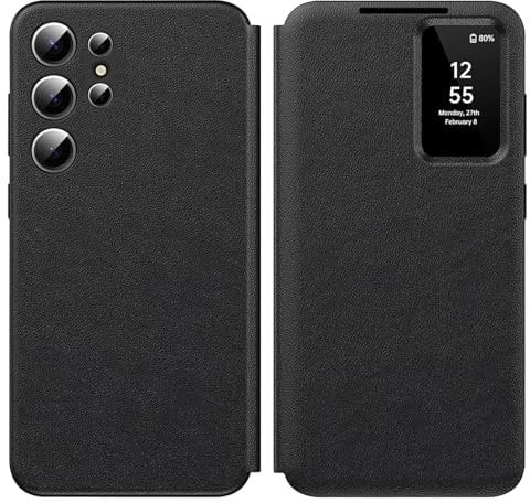 for Samsung Galaxy S24 Ultra Smart View Case, Wallet Case with Clear S View, Flip Folio Leather Protective Cover for Samsung S24 Ultra Case, Premium View Cover with Clear Time Window Case S24 Ultra 5G