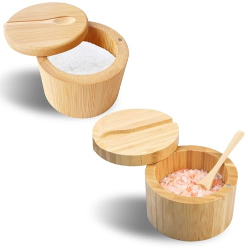 Wooden Salt Box 2PCS Salt Pepper Pots Cellar with Magnetic Lid and Built-in Spoon 100ml Bamboo Salts Pot for Kitchen Salts Spice Herbs Storage (9 * 7 * 7CM)