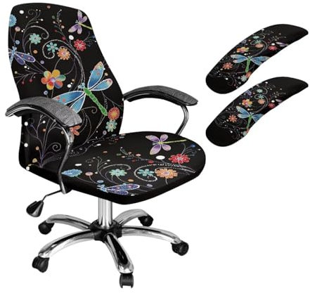 Xoenoiee Dragonfly Bürostuhlhussen mit abstraktem Blumenmuster, dehnbar, Computer-Gaming-Stuhlbezug mit Armlehnenbezügen, universal, abnehmbar, drehbar, Größe S