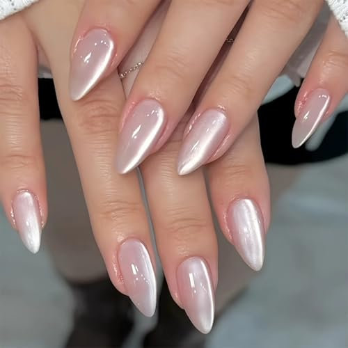KQueenest Cat Eye Press on Nails Almond Medium, Glazed Glitter Pastel Pink False Nails Medium Stiletto, Shiny Bling Acrylic Fake Nails Set Glass Sparkly Stick on Nail for Women Wedding 30 Pcs