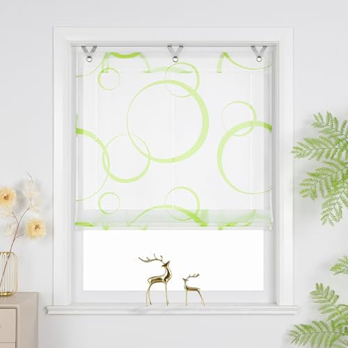 Joyswahl Raffrollo ohne Bohren Lichtdurchlässig Raffgardinen mit Ösen Wohnzimmer Fenster Vorhänge Ösenrollo für Fenster mit Hakenaufhängung Modern HxB 130 x 80 cm Grün 1 Stück