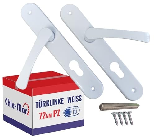 Chle-Mar - Türgriff Drückergarnitur mit Langschild – Weiß / 72 mm/für Zylinderschloss - Langschildgarnitur - Türklinke Set für Innentüren – Türbeschlag – Türgriffe mit Schlossloch – Türgarnitur