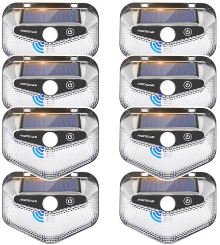 Aigostar Luz Solar Exterior,8 Paquete, 3 Modos, 270° Súper Brillante,Focos Led Exterior Solares con Sensor de Movimiento, IP65 Impermeable luces Solares para Jardín,Patio,Garaje,6500K