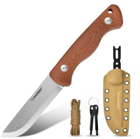 Harnds Discovery Cuchillo de fijación de tono completo al aire libre en acero 10Cr15CoMoV con empuñadura Mikata extraíble, carcasa ajustable, alisado escandinavo (marrón)