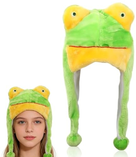 FCXVXCL Frösch Plüschmütze, Tierische Plüsch Mütze, Plüsch-Hut mit Ohrenklappe, Winter Warme Tiermütze für Winter Hut Cosplay Accessoire für Erwachsene Kinder