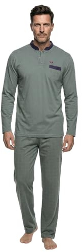 Henry Terre Herren Pyjama Bruno Langarm Schlafanzug Größe M-3XL Unifarben mit abgesetzter Brusttasche und passender Hose Oberteil mit Stehkragen