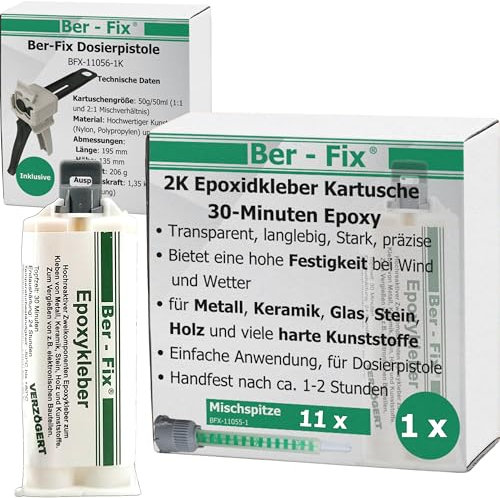 Ber-Fix 2k Kleber - Epoxidharz Kleber 30 Min echter Epoxy Kleber 2 Komponenten Kleber Kunststoff Metall Glas Stein Beton Holz 50g Kartusche + Pistole