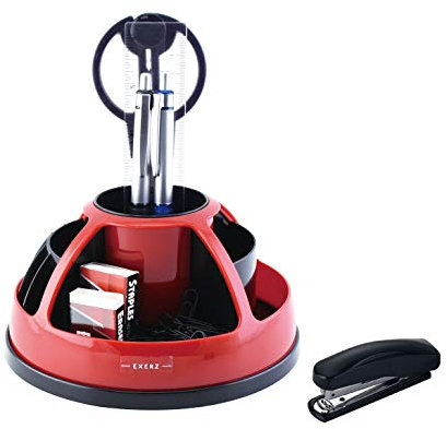EXERZ Tisch-Organizer/Stiftehalter/Schreibtischset 360° drehbares Ablagesystem mit Bürobedarf – Schere, Hefter, Heftklammern, Lineal, Radiergummi INKLUSIVE (Rot)