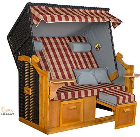 LILIMO - Ostsee Strandkorb Baltic-R XXL | 2-3 Sitzer | Montiert | Geflecht: Anthrazit, Bezug: Bordeaux/Natur Kariert | inkl. Schutzhülle | Model Bub