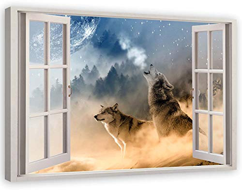 Feeby Bilder - Foto Geschenk - Fensterblick Wölfe Tier Grau - 120x80 cm XXL 1tlg - Leinwandbilder Wohnzimmer - Wandbild über dem Bett - Bild Schlafzimmer - Aesthetic Zimmer Deko - Modern Pictures