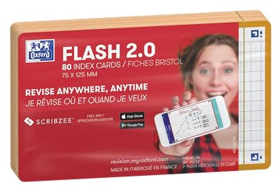 Oxford Flash 2.0 - 80 Fiches Bristol Flash Cards 7,5 x 12,5cm Petits Carreaux Cadre Orange