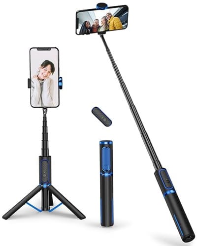 ATUMTEK Bluetooth Selfie-Stick Stativ, 3 in 1 Aluminium Selfie Stange, 360° Drehbar, mit Kabelloser Fernbedienung für iPhone 16/15/14/13/12 mini/11 Pro/XS Max/XR/X/8/7, Samsung, Smartphones Blau