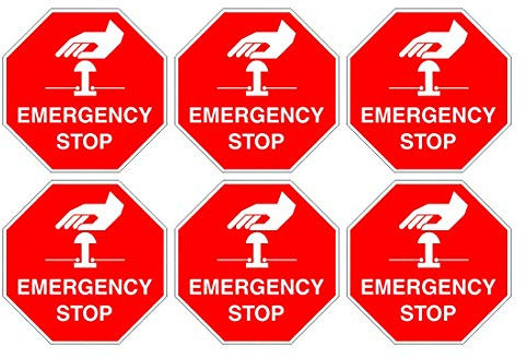 Set of 6 Emergency Stop Signs. 90mm x 90mm self Adhesive Stickers. Ideal for All Businesses. Easy to Apply