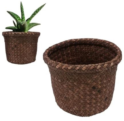 Tomaibaby Woven Planter Basket Rattan Seagrass Plant Basket Rustic Flower Pot Vintage Storage Container Organizer for Farmhouse Indoor Outdoor Home Decor 18x14cm