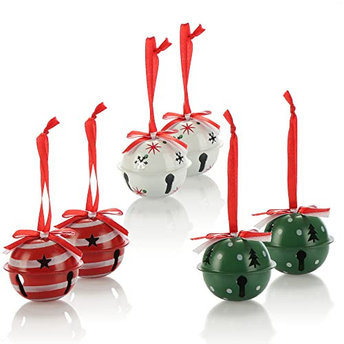 com-four® 6X Hängedeko für Weihnachten 6 cm Ø - Glöckchen aus Metall zum Anhängen - dekorative Blechglocken als Anhänger für Fenster, Tür und Christbaum (grün rot weiß)