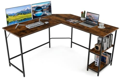 COSTWAY L-Shaped Computer Desk, Large 2-Person Corner Writing Workstation PC Laptop Table, Wooden Metal Frame Home Office Work Study Gaming Desk (Rustic Brown, 138 x 138 x 75cm)