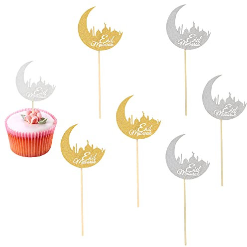 Abnaok 12 Stück Cupcake Topper, Cake Topper Happy Birthday Deko Torte Glitzer-Mond Eid Mubarak Topper Mubarak Ramadan Tortendeko Tortendeko Geburtstag Gold und Silber