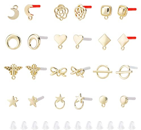 PandaHall 96 Stück Ohrstecker-Rücken 48 Stück 12 Stile Goldene Ohrring-Pfosten Herz-Mond-Stern-Rhombus-Pad-Basis Mit Schlaufen Stahlstift Und 48 Stück Kunststoff-Ohrring-Rücken DIY-Ohrringherstellung