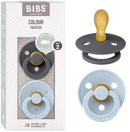 BIBS Colour Symmetrical, Set di 2 ciucci, succhietto senza BPA, Tettarella simmetrica. Lattice di gomma naturale, Prodotto in Danimarca/UE. Misura 2 (6-18 mesi), Iron/Baby Blue
