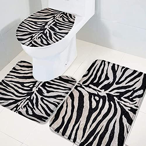 Set 3 Teilig Badvorleger Zebra-Tiger-Pelz-Druck Wasserabsorbierend Bade-Matte+Kontur+Wc-Deckelabdeckung Weiche Fußmatte Für Badewanne Dusche Badezimmer
