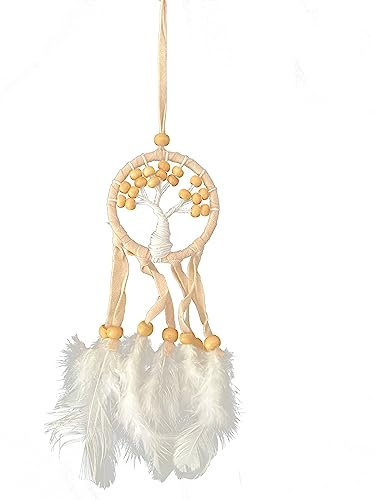 TRINTURA Traumfänger klein Weiss Baum des Lebens 6cm beige Dreamcatcher Tree of Life Auto car Kinder Boho Dreamcatcher handgemacht, Feder Wandbehang Traumfänger Quasten Dekoration Ornament