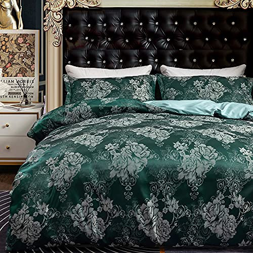DXHOME Bettwäsche Dunkelgrün Satin 155x220 Blau Jacquard Bettbezug Barock Muster Luxus Aesthetic Satin Aesthetic Mädchen Teenager Bettwäsche Set mit Reißverschluss