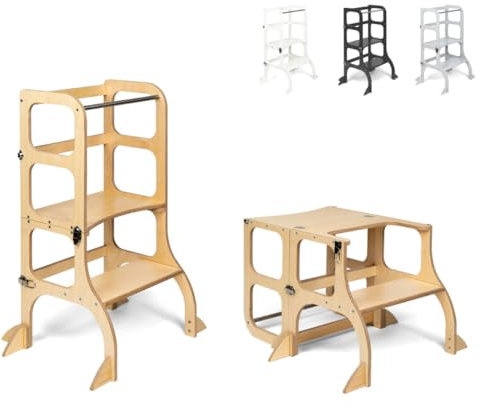 Ette Tete Lernturm STEP'n'SIT® klappbar mit Sitzfunktion und Tisch höhenverstellbarer Helferturm ab 18 Monate wandelbar wachsend, mit Kippschutz, Hölzern, Silber Verschlüsse, Extra sichere Stützbeinen