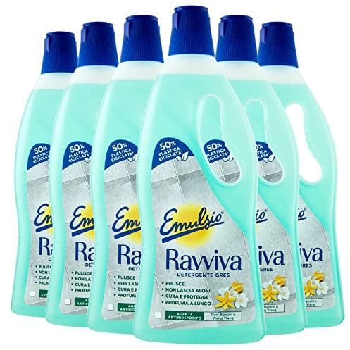 Emulsio Ravviva Gres Detergente Pavimenti per Grès Porcellanato Lucido o Opaco Formula con Agente Antirideposito Protettivo Profumo di Fiori Bianchi e Ylang-Ylang a Lunga Durata - 6 Flaconi da 750ml
