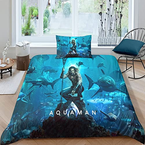 HESHS Aquaman Bettwäsche Arthur 3D Erwachsene Kinder Jungen Mädchen Bettwäsche Set 3-teilige Mikrofaser Bettbezug Mit Reißverschluss Und Kissenbezug Single(135x200cm)