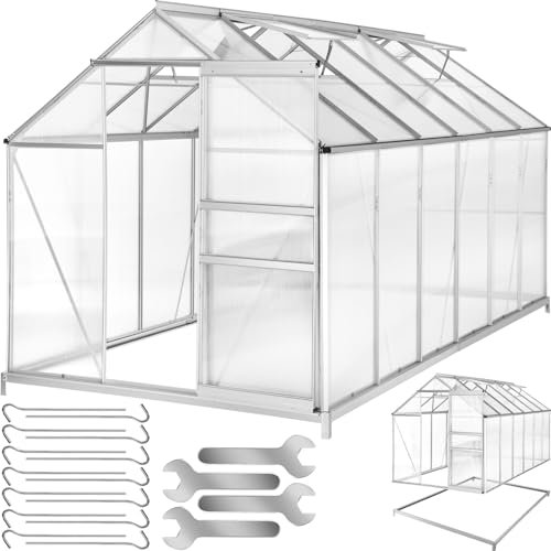 tectake® Serre de Jardin avec Base en Aluminium Polycarbonate pour Potager Exterieur Serre de Jardin pour Hivernage Tente Abri pour Les Plantes Serre à semis Jardinage - 375x185x195 cm