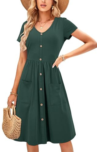 OUGES Women's Summer Short Sleeve Dress V Neck Casual Button Down Midi Ladies Dresses with Pockets(Dark Green395,XXL)